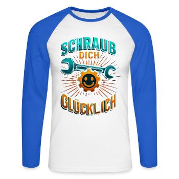 Schraub dich glücklich Schrauber Shirt Motorrad  - Unisex Baseballshirt langarm - Weiß/Royalblau - Vorne - Nik (191cm)