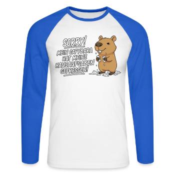 Pardon! Capybara a mangé mes devoirs - T-shirt baseball manches longues Homme - blanc/bleu royal - Devant - Nik (191cm)