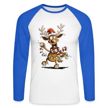 Dessin animé drôle de Noël sur les rennes rennes de Noël - T-shirt baseball manches longues Homme - blanc/bleu royal - Devant - Nik (191cm)