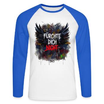 FÜRCHTE DICH NICHT Grunge Flügel Splatter Art - Unisex Baseballshirt langarm - Weiß/Royalblau - Vorne - Nik (191cm)