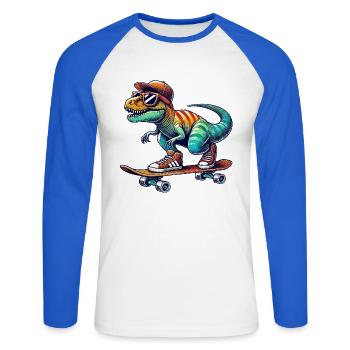 Dinosaure drôle patinant sur un skateboard cartoon Skate - T-shirt baseball manches longues Homme - blanc/bleu royal - Devant - Nik (191cm)