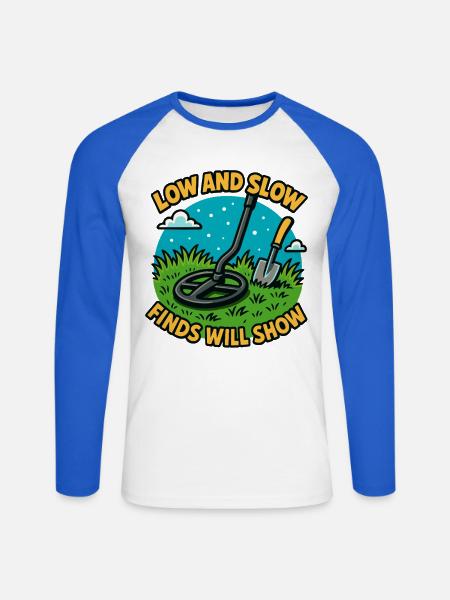 Niedrige und langsame Funde zeigen Metallerkennung - Unisex Baseballshirt langarm - Weiß/Royalblau