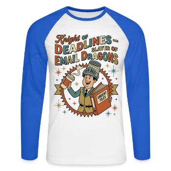 Knight of Deadlines - Unisex Long Sleeve Baseball T-Shirt - white/royal blue - Front - Nik (191cm)