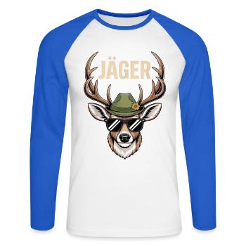 Cerf chasseur avec lunettes de soleil chapeau - T-shirt baseball manches longues Homme - blanc/bleu royal - Devant - Nik (191cm)
