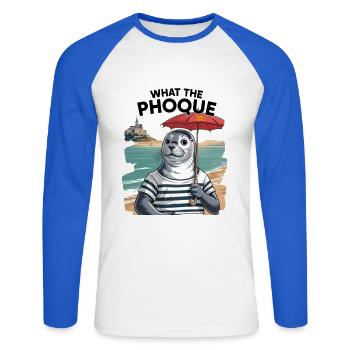 Cadeau Humour Normandie Phoque Normand Fierté - T-shirt baseball manches longues Homme - blanc/bleu royal - Devant - Nik (191cm)