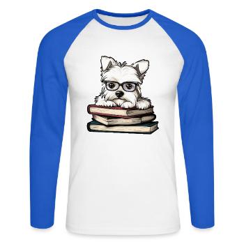 Un joli Westie Dog Reading Book avec des lunettes - T-shirt baseball manches longues Homme - blanc/bleu royal - Devant - Nik (191cm)