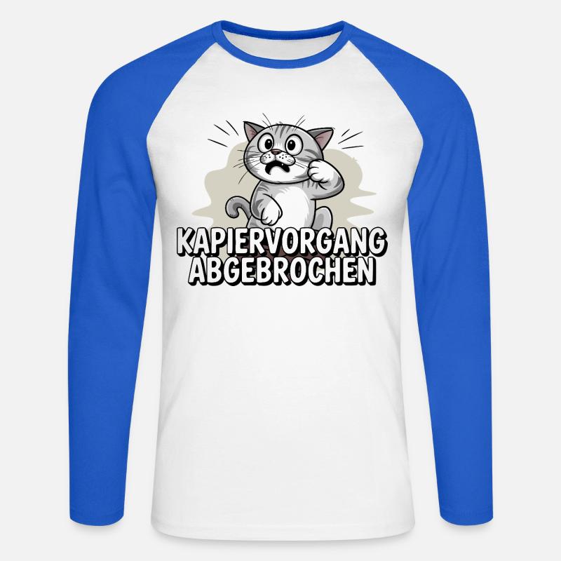 Kapiervorgang abgebrochen – Katze verwirrt - Unisex Baseballshirt langarm - Weiß/Royalblau