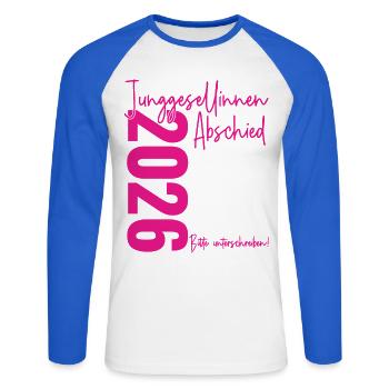 Hen Party 2026 Please sign! - Unisex Long Sleeve Baseball T-Shirt - white/royal blue - Front - Nik (191cm)