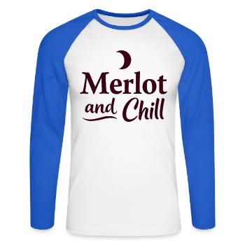 Merlot and Chill Wine Saying Cozy Relax - Unisex Long Sleeve Baseball T-Shirt - white/royal blue - Front - Nik (191cm)