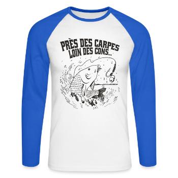 Near the Carp Far from the Idiots Fisherman Humor - Unisex Long Sleeve Baseball T-Shirt - white/royal blue - Front - Nik (191cm)