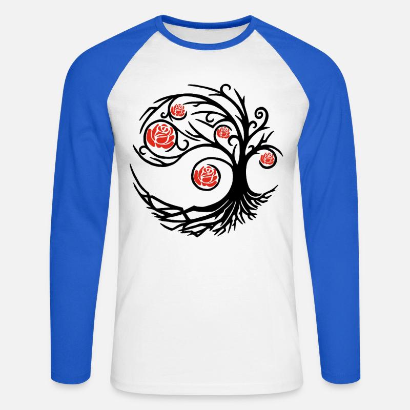Stilisierter schwarzer Baum und rote Rosen - Unisex Baseballshirt langarm - Weiß/Royalblau