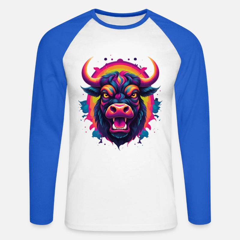 Neonstier Kopf – Farbexplosion - Unisex Baseballshirt langarm - Weiß/Royalblau