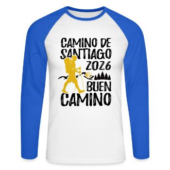Buen Camino 2026 | Way of St. James, Pilgrims, Santiago - Unisex Long Sleeve Baseball T-Shirt - white/royal blue - Front - Nik (191cm)