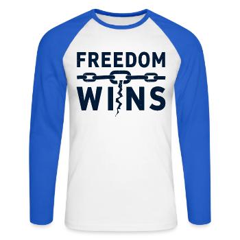 La liberté gagne : La liberté brise les chaînes - T-shirt baseball manches longues Homme - blanc/bleu royal - Devant - Nik (191cm)