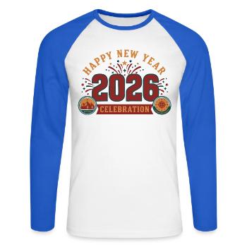 Bonne année 2026 Célébration Aventure qui nous attend - T-shirt baseball manches longues Homme - blanc/bleu royal - Devant - Nik (191cm)