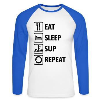 Mange, Dors, SUP, Répétez - Standup Paddling - T-shirt baseball manches longues Homme - blanc/bleu royal - Devant - Nik (191cm)
