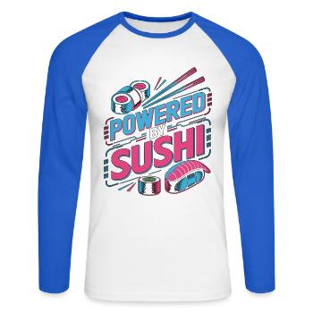 Sushi alimenté par le sushi Passionné de cuisine japonaise - T-shirt baseball manches longues Homme - blanc/bleu royal - Devant - Nik (191cm)