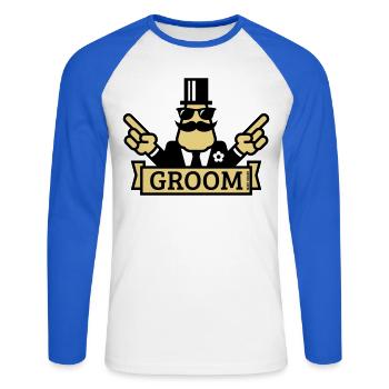 Pointing Groom (Stag Night / Bachelor Party / 3C) - Unisex Long Sleeve Baseball T-Shirt - white/royal blue - Front - Nik (191cm)