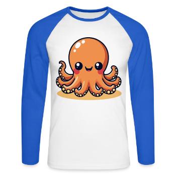 Cute Calamar Pieuvre souriante Kawaii - T-shirt baseball manches longues Homme - blanc/bleu royal - Devant - Nik (191cm)