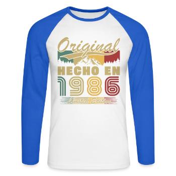 Cadeau d’anniversaire vintage 1986 - T-shirt baseball manches longues Homme - blanc/bleu royal - Devant - Nik (191cm)