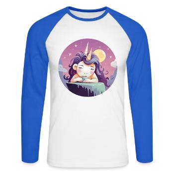 Licorne thé de lune le soir - T-shirt baseball manches longues Homme - blanc/bleu royal - Devant - Nik (191cm)