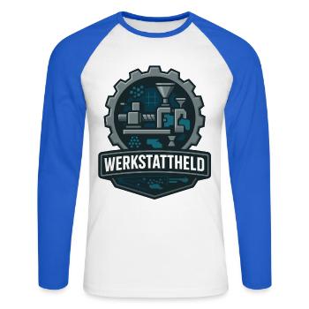 Workshop Hero, Plastic Machine - Unisex Long Sleeve Baseball T-Shirt - white/royal blue - Front - Nik (191cm)