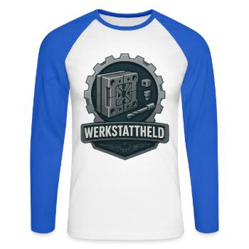 Werkstattheld, Werkzeugbau Profi - Unisex Long Sleeve Baseball T-Shirt - white/royal blue - Front - Nik (191cm)