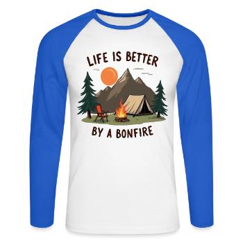 La vie est meilleure lors d’une aventure de camping autour d’un feu de joie - T-shirt baseball manches longues Homme - blanc/bleu royal - Devant - Nik (191cm)