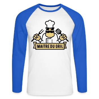 Maître Du Gril (Griller / Barbecue / BBQ / 3C) - T-shirt baseball manches longues Homme - blanc/bleu royal - Devant - Nik (191cm)