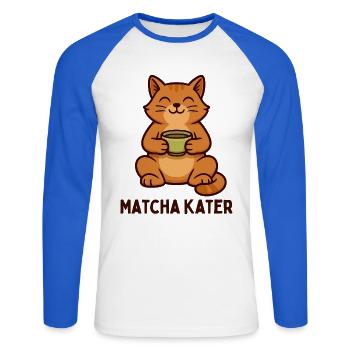 Matcha Kater Teezeit Grafik - Unisex Baseballshirt langarm - Weiß/Royalblau - Vorne - Nik (191cm)