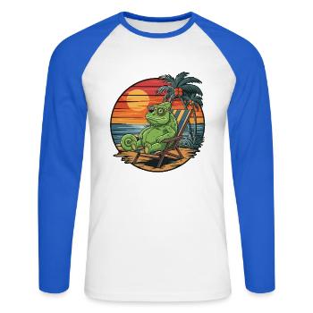 Caméléon drôle sur la plage Coucher de soleil des vacances d’été - T-shirt baseball manches longues Homme - blanc/bleu royal - Devant - Nik (191cm)