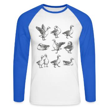 Motif de silhouettes d’oies grises - T-shirt baseball manches longues Homme - blanc/bleu royal - Devant - Nik (191cm)