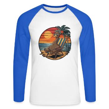 Émeu drôle sur le coucher de soleil des vacances d’été sur la plage - T-shirt baseball manches longues Homme - blanc/bleu royal - Devant - Nik (191cm)