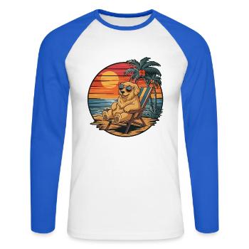 Funny Golden Retriever Dog on Beach Summer Sunset - Unisex Long Sleeve Baseball T-Shirt - white/royal blue - Front - Nik (191cm)