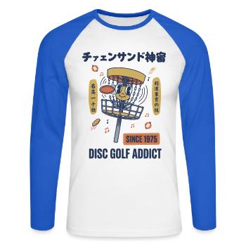 Disc Golf Addict Since 1975 Funny Disc Golfer - Unisex Long Sleeve Baseball T-Shirt - white/royal blue - Front - Nik (191cm)