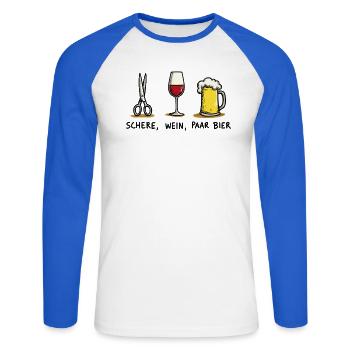 Schere Wein Paar Bier Lustiges Party Wortspiel - Unisex Baseballshirt langarm - Weiß/Royalblau - Vorne - Nik (191cm)