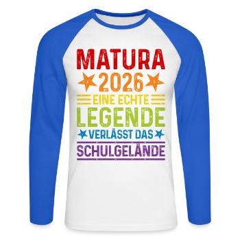 Matura 2026: A legend leaves the school grounds - Unisex Long Sleeve Baseball T-Shirt - white/royal blue - Front - Nik (191cm)