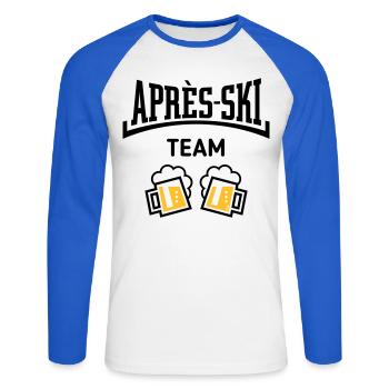 Après-Ski Team (Bier Apres Ski Konkav / POS 3C) - Unisex Baseballshirt langarm - Weiß/Royalblau - Vorne - Nik (191cm)