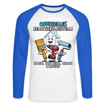 Official Renovation Team Funny DIYer - Unisex Long Sleeve Baseball T-Shirt - white/royal blue - Front - Nik (191cm)