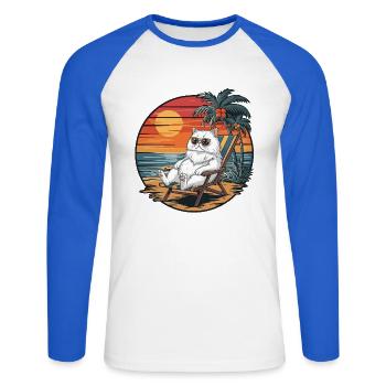 Lustige Perserkatze am Strand, Sommerurlaub Sonnenuntergang - Unisex Baseballshirt langarm - Weiß/Royalblau - Vorne - Nik (191cm)
