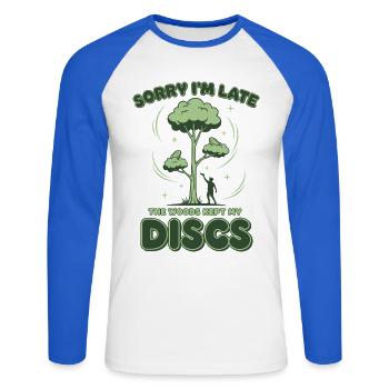 Disc Golf Désolé d’être en retard Les bois ont gardé mes disques - T-shirt baseball manches longues Homme - blanc/bleu royal - Devant - Nik (191cm)