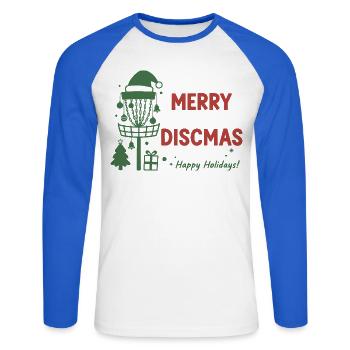 Merry Discmas Happy Holidays Disc Golf Basket - Unisex Long Sleeve Baseball T-Shirt - white/royal blue - Front - Nik (191cm)
