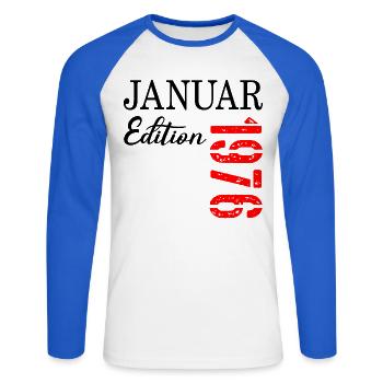 51st birthday January 1976 - Unisex Long Sleeve Baseball T-Shirt - white/royal blue - Front - Nik (191cm)