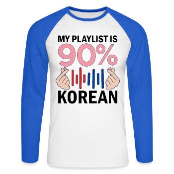 My Playlist Is 90 Percent Korean - Unisex Long Sleeve Baseball T-Shirt - white/royal blue - Front - Nik (191cm)