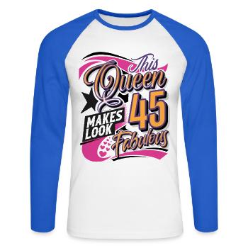 Reine du 45e anniversaire - T-shirt baseball manches longues Homme - blanc/bleu royal - Devant - Nik (191cm)