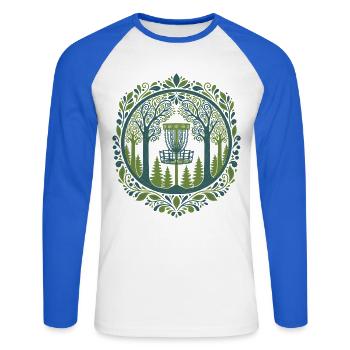 Panier de disc golf dans l’art de la scène boisée - T-shirt baseball manches longues Homme - blanc/bleu royal - Devant - Nik (191cm)