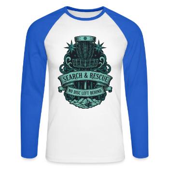 Recherche et sauvetage : aucun disque laissé derrière Disc golf - T-shirt baseball manches longues Homme - blanc/bleu royal - Devant - Nik (191cm)