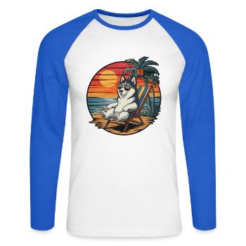 Lustiger Husky-Hund am Strand, Sommerurlaub Sonnenuntergang - Unisex Baseballshirt langarm - Weiß/Royalblau - Vorne - Nik (191cm)