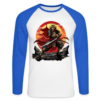 Otaku Samurai Krieger Japan Katana Design - Unisex Baseballshirt langarm - Weiß/Royalblau - Vorne - Nik (191cm)