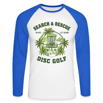 Search And Rescue No Disc Left Behind Disc Golf - Unisex Long Sleeve Baseball T-Shirt - white/royal blue - Front - Nik (191cm)